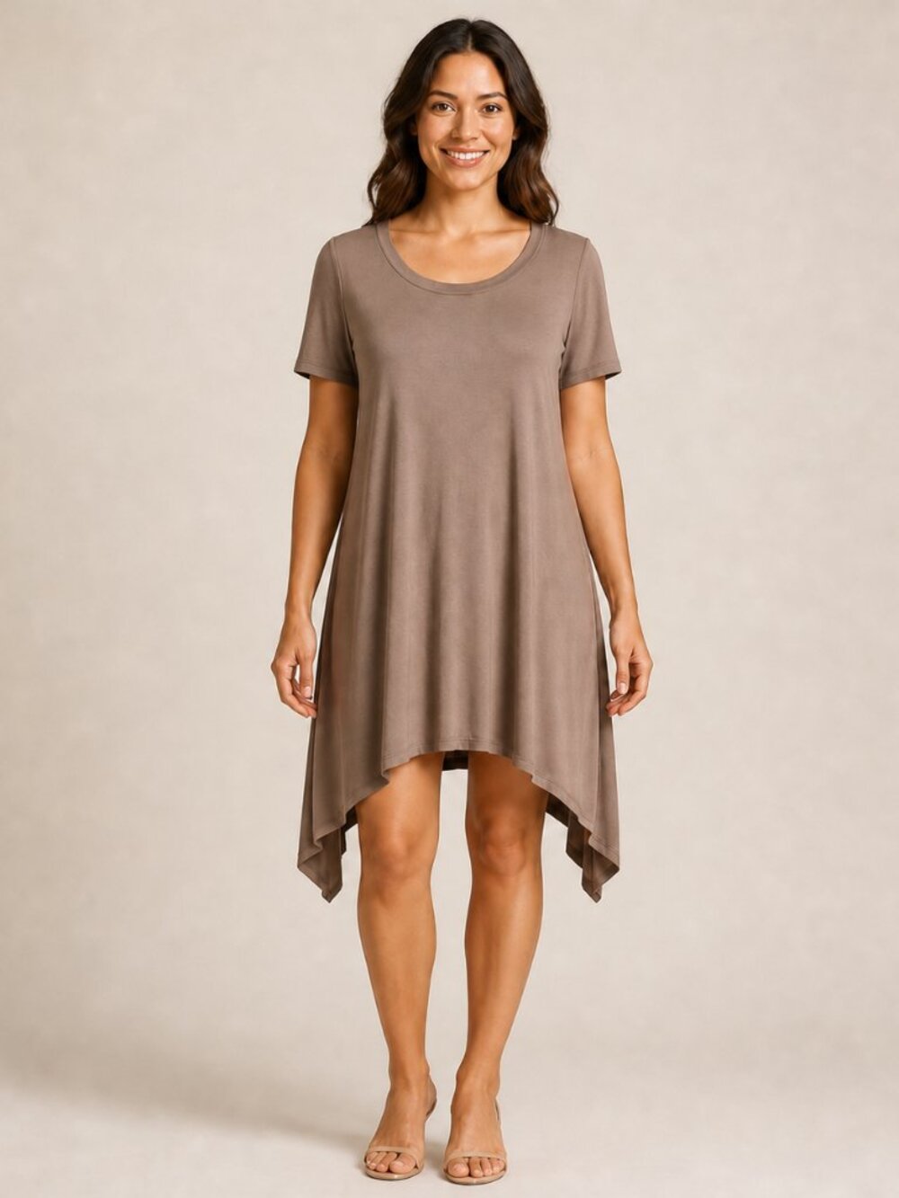Kori America Brown Open Back Asymmetric Handkerchief Hem Dress M Made in USA